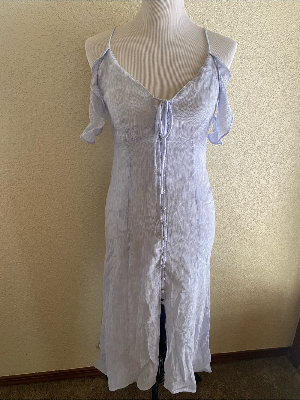 ASTR Light Blue Striped Button-Front Midi Dress Off The Shoulder Lined Rayon: M - Picture 2 of 10